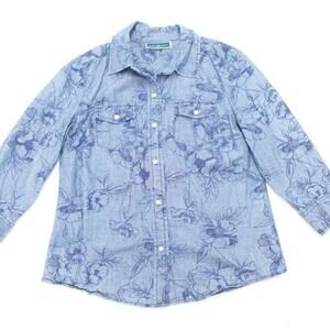Karen Scott Shirt Women's M Blue Floral Pockets Long Sleeve Casual‎ Button-Up